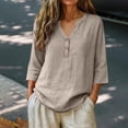 thumbnail image 2 of IMENGL Long Sleeve Shirts for Women Soft Linen Summer Plus Size 3/4 V Neck Button Blouses Loose Clothes T-Shirt Casual Women's Basic Tee Long Sleeve Tops,Brown, 2 of 7