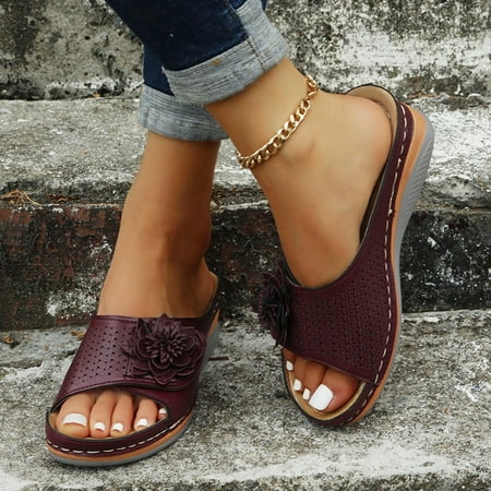 

LnjYIGJ Women s Slippers Summer Women Wedge Heel Shoes Hollow Out Sandals Roman Casual Slippers