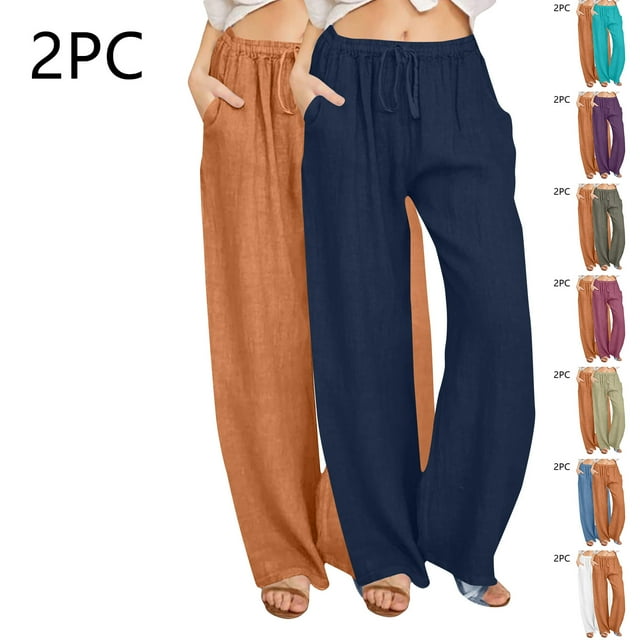 Sentmoon 2PCS Work Pants Solid Color Drawstring High Elastic Waist Lightweight Summer Pants Women Plus Size Loose Fit Wide Leg Streetwear Womens Jogger Pants Hawaiian for Working Out and Gym