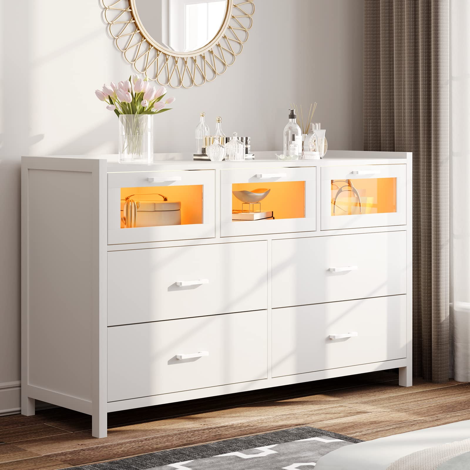 White Dresser for Bedroom,7 Drawer Dressers with LED Lights,Chests of
