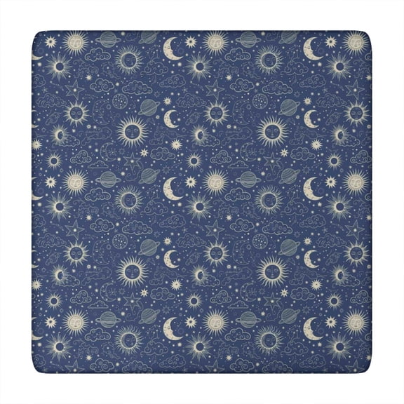 Dark Blue Celestial Pattern Square Fitted Tablecloth with Elastic Edge,Square Table Cover,Washable Elastic Table Cover for Home Kitchen Party Decor 34"x34"