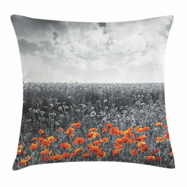 Poppy Throw Pillow Cushion Cover, Flower Field Pattern with Greyscale Background Remembrance Day