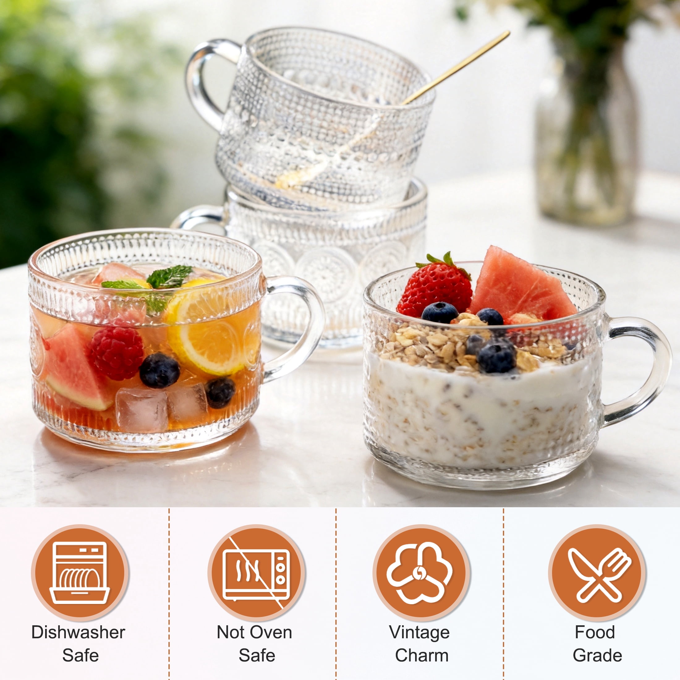 4 Pack Glass Coffee Mugs, 14oz Oatmeal Yogurt Cup with Bamboo Lids and Spoons, Clear Embossed Vintage Glass Cups for Cappuccino, Latte, Cereal, Yogurt
