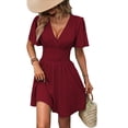 thumbnail image 3 of Women'S Ruched V Neck High Waist Casual Short Sleeve A-Line Dress Wine Red S, 3 of 9