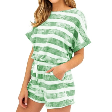 

HUBERY Women Keyhole Back Striped Tie-Dye Short Sleeve Pocket Sleepwear Set