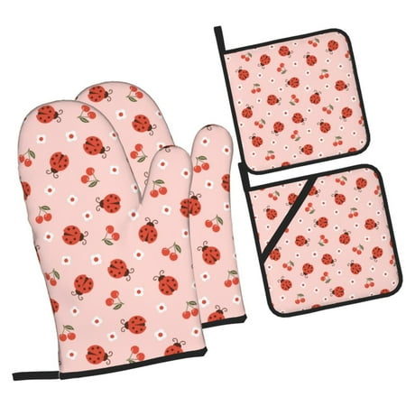 

Tebeau Ladybug With Flower Print 4 Pcs Oven Mitts and Pot Holders 500°F High Heat Resistant Kitchen Oven Mitts with Pot holders Long Oven Mitts for Baking and Cooking