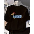 thumbnail image 1 of [Y2K Style T-Shirt] Casual Loose Fit Women's Y2K Style Cartoon Dachshund Print T-Shirt | Short Sleeve Summer Top with Red Hat Design, White Background, Machine Washable, 1 of 4