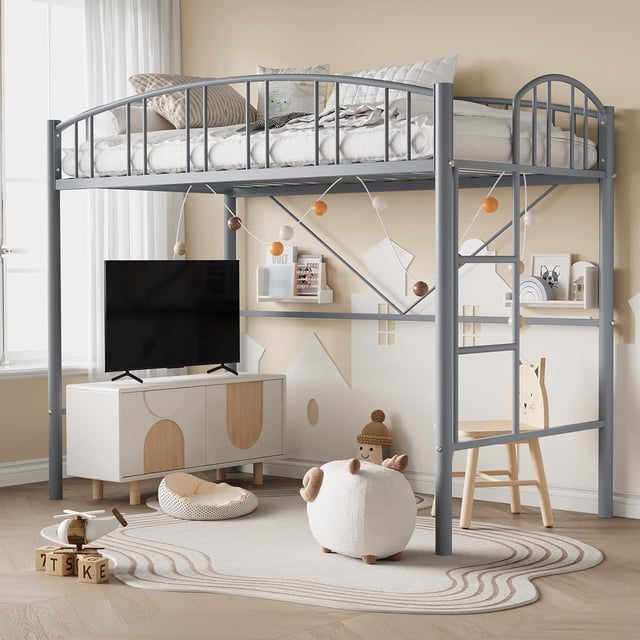 Eastvita Twin Size Heavy - Duty Metal Loft Bed Frame in Matte Grey Features Arched Guardrail/Safety Ladder//Space - Saving Design/No Box Spring Needed