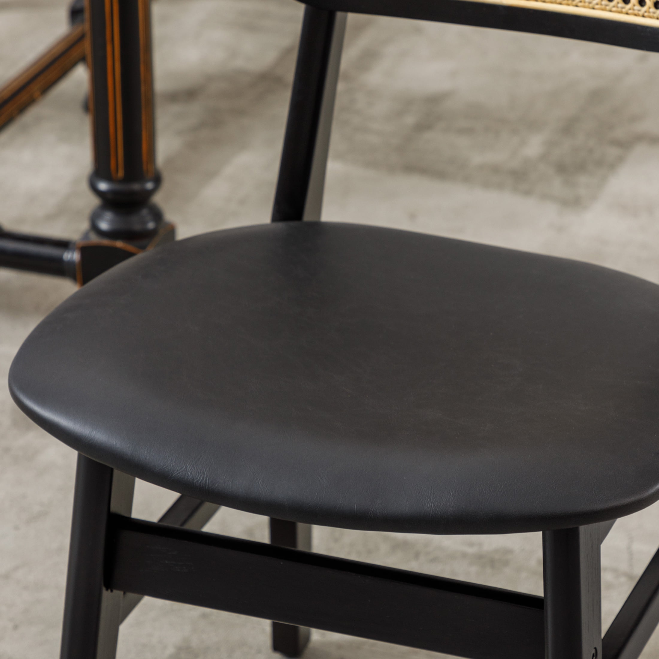 Guyou Rattan Dining Chairs Set of 6, Farmhouse Black Wooden Dining Side Chairs, Mid Century Modern Faux Leather Upholstered Kitchen Chairs with Cane Back for Dining Room Kitchen Living Room, Black