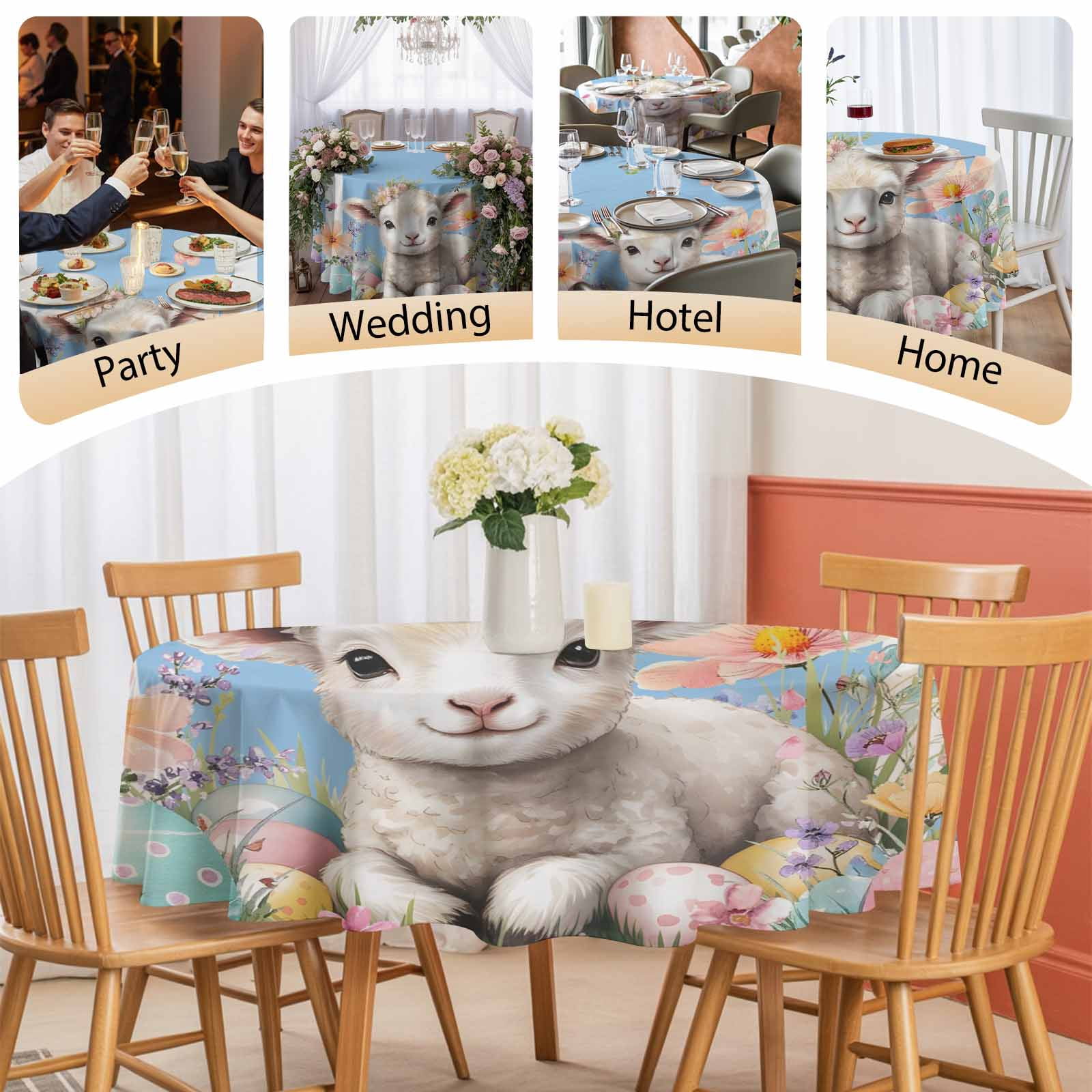Round Tablecloth Spring Floral Easter Waterproof Oil Proof Polyester Table Cloth Cover Decor for Home Dining Outdoor,Patio,Parties, 54" Dia. Cute Lambs Eggs Blue Striped
