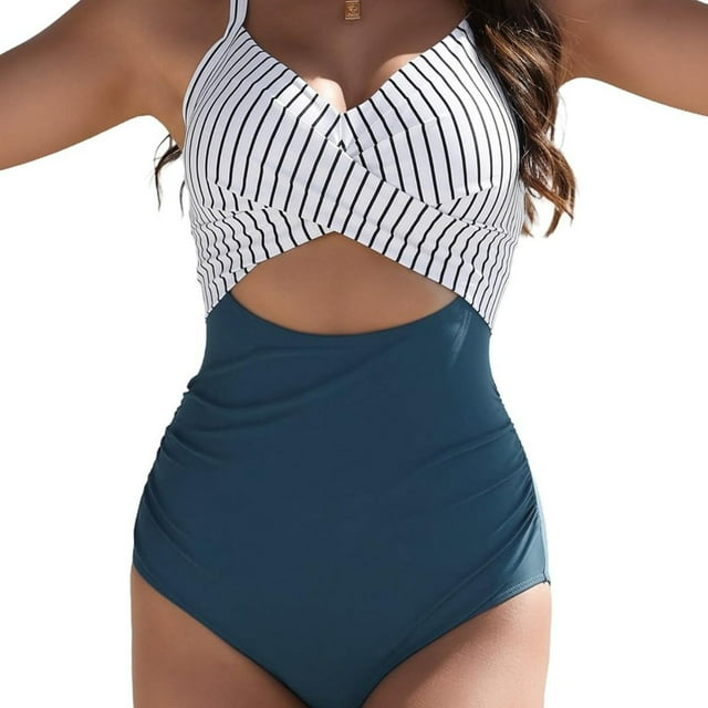LOVEVER Women‘s One-Piece Swimsuit - Tummy Control High-Waisted Bathing suit Full Coverage Swimwear with Deep V-Neck & Twisted Front Non-Slip Grip - Stretchy Swim Suit for Beach Pool