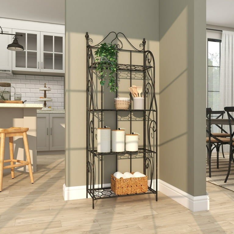 DecMode Traditional Metal Bakers Rack with Scrollwork Design and Black Finish 25 W x 64 H