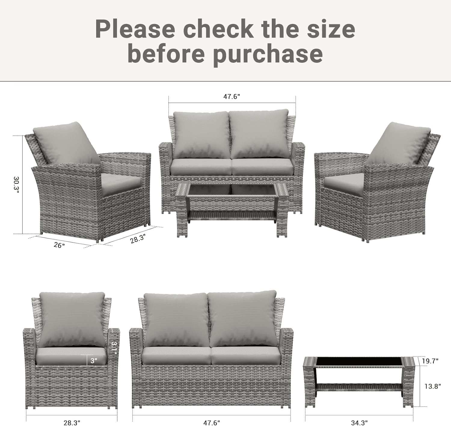 ELPOSUN Wicker Patio Furniture Set, 4 Piece Outdoor Sectional Conversation Sets, Gray PE Rattan Patio Sofa Set for Balcony, Porch, Backyard, Grey