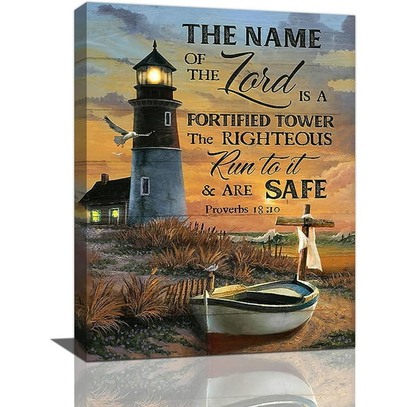 Lighthouse Wall Art Christian Lighthouse Wall Decor Bible Verse Scripture Pictures Canvas Prints Framed Religious Coastal Boat Cross Painting Modern Artwork for Bedroom Living Room Office 12"x16"