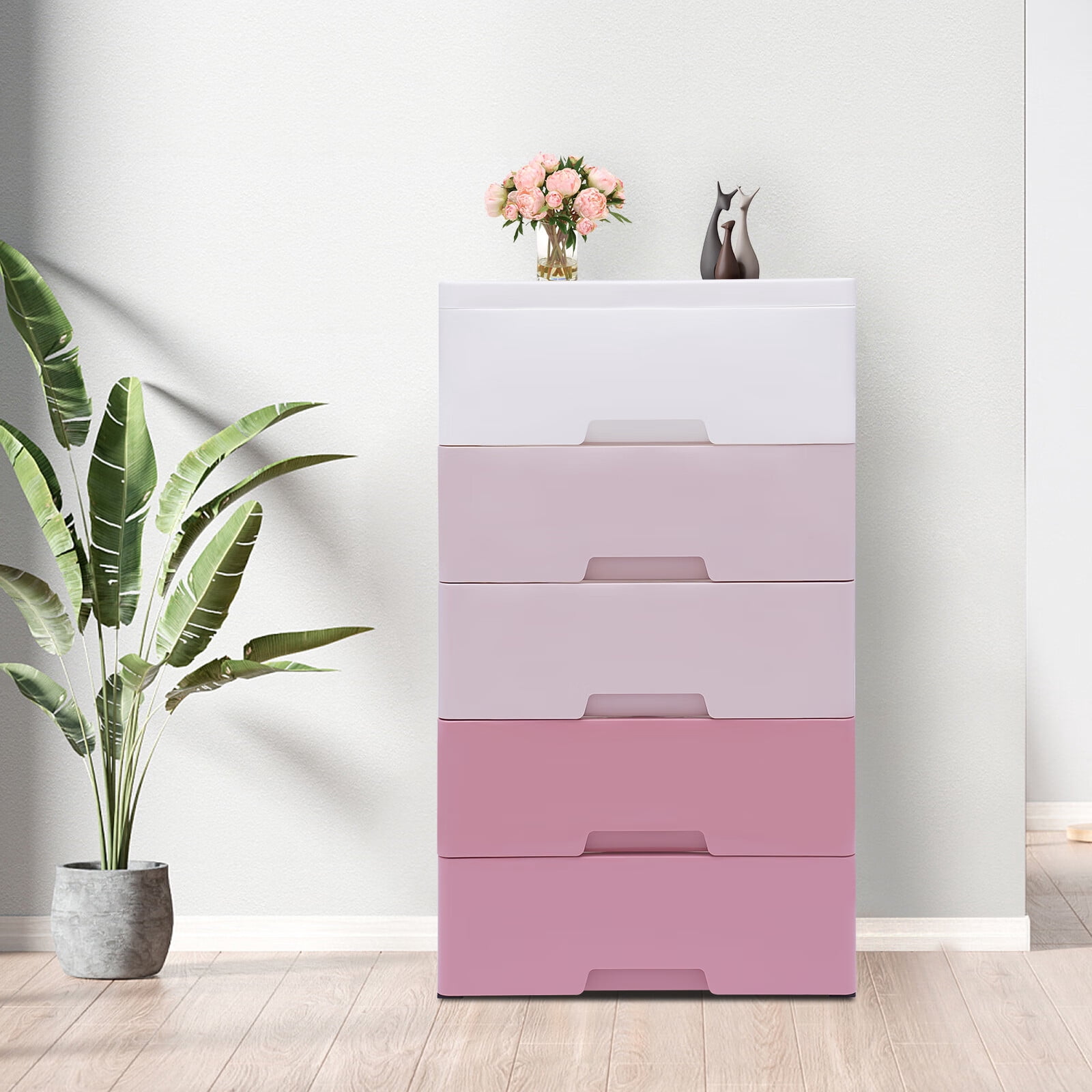 Loyalheartdy 5-Layer Dresser Storage Cabinat Plastic Drawers  w/ Wheels Bedside Table Organizer for Clothes Toys (Pink)