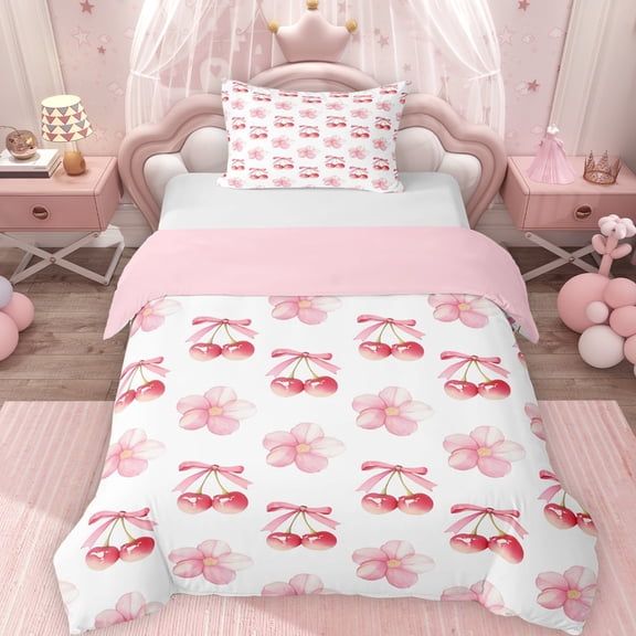 Erosebridal Pink Cherry Blossoms Twin Bedding for Kids Girls, Kawaii Cherry Bow Duvet Cover Set, White Pink, Pink Reversible 2-Piece, 1 Duvet Cover and 1 Pillowcase, No Comforter