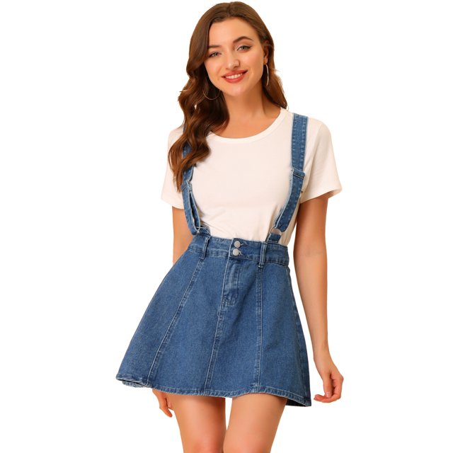 Minifalda Vaquera Allegra K de Tirantes con Botones para Mujer M azul XL