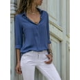 thumbnail image 5 of Women Lapel Button Down Chiffon Shirts Solid Color Office Blouse Casual Long Sleeve Tops Blue M, 5 of 8