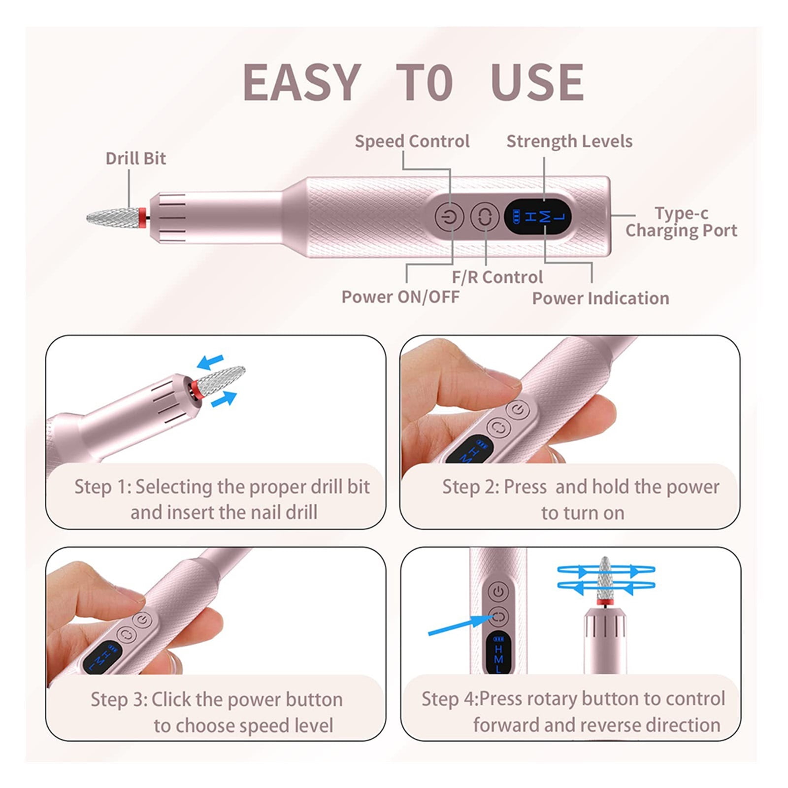 Cordless Electric Nail Drill Machine, Portable Electric Nail File Set For Acrylic Gel Nails, Manicure And Pedicure Kit Tool With Nail Drill Bits ,Low Noise