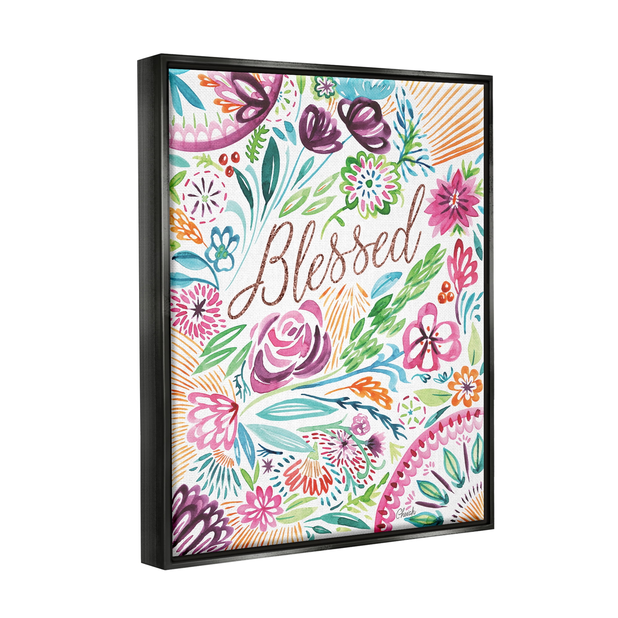 Stupell Blessed Whimsical Flower Shapes Botanical & Floral Painting Black Floater Framed Art Print Wall Art