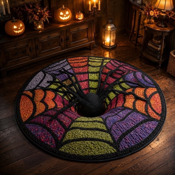 LEFXSMR Halloween Round Area Rug 3D Illusion Floor Mat Cobweb Design Washable Halloween Rug for Living Room Front Door Porch Entryway, 31.5"