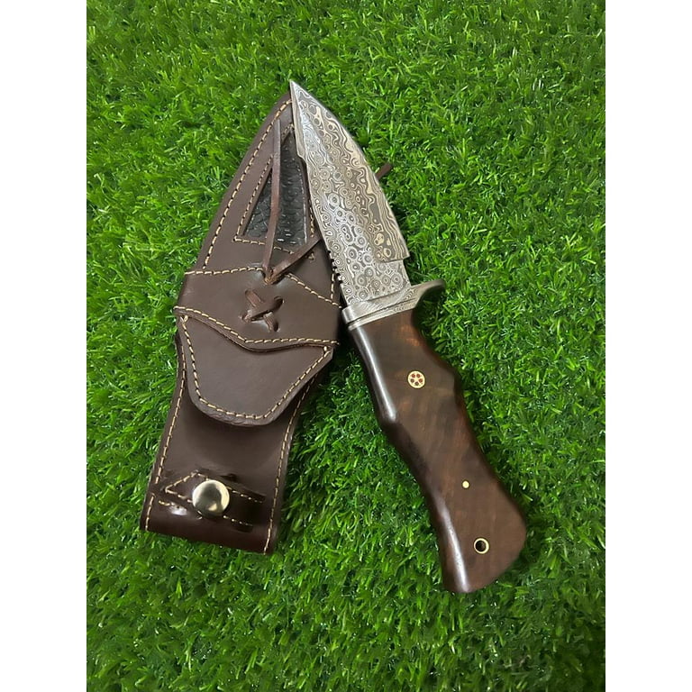 Yazoo Knives Handmade Damascus Buck Hunting Knife with Leather Sheath -  Ideal for Skinning, Camping, EDC Fixed Sharp 5 Blade, Walnut Wood Handle,  Bushcraft Knife, Predator Hunter 