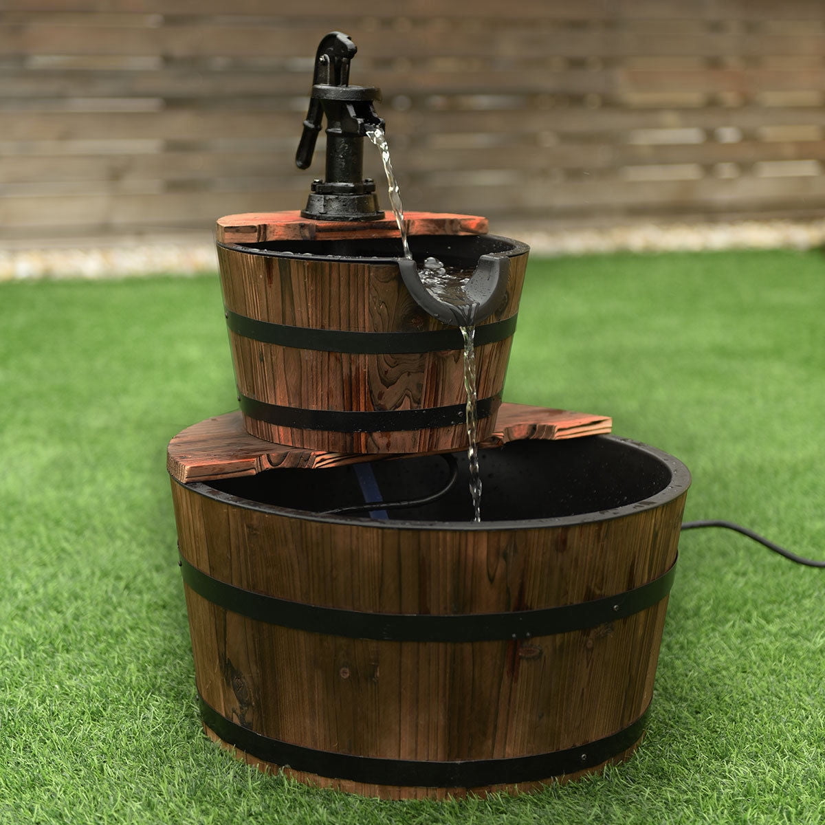 Costway 2 Tier Barrel Waterfall Fountain Barrel Wooden Water Fountain Pump Outdoor Garde by Costway