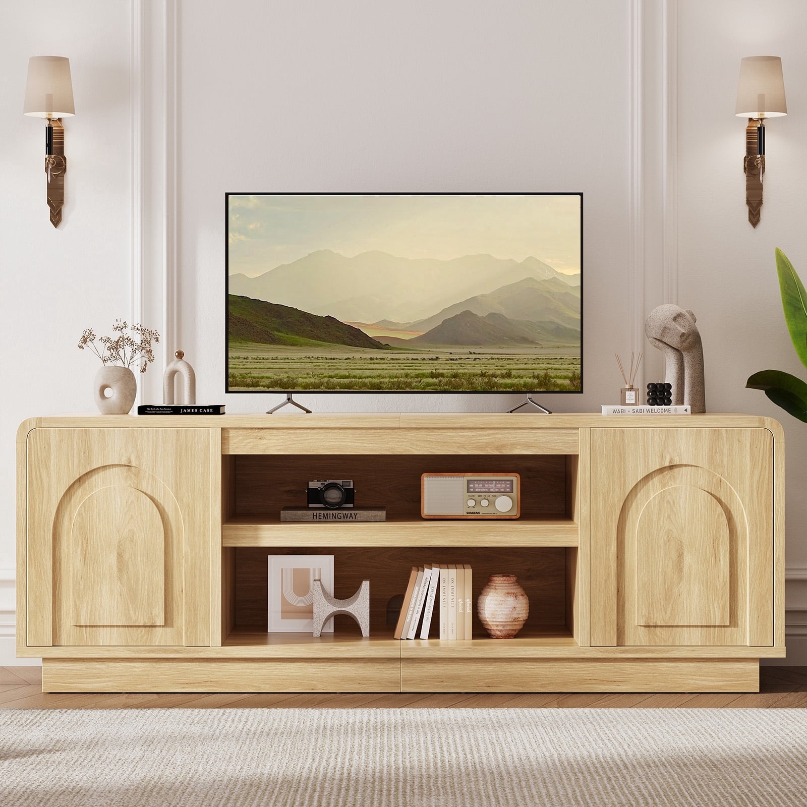 Bestier Arched Door Wooden TV Stand for TVs up to 70", Curved Corner Media Console with Open Shelf,Modern Entertainment Center with Dust-Free Enclosed Base,Natural Oak