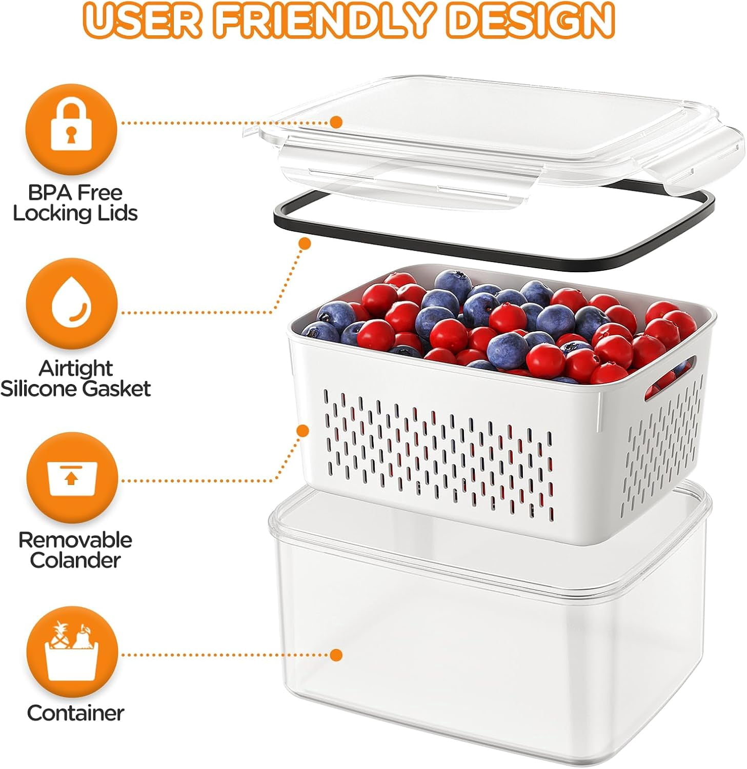 Fruit Storage Containers for Fridge with Removable Colanders, Produce Storage Containers with Lids, Leakproof Fridge Organizer Bins for Salad Berry Lettuce Vegetables Meat Keeper Fresh