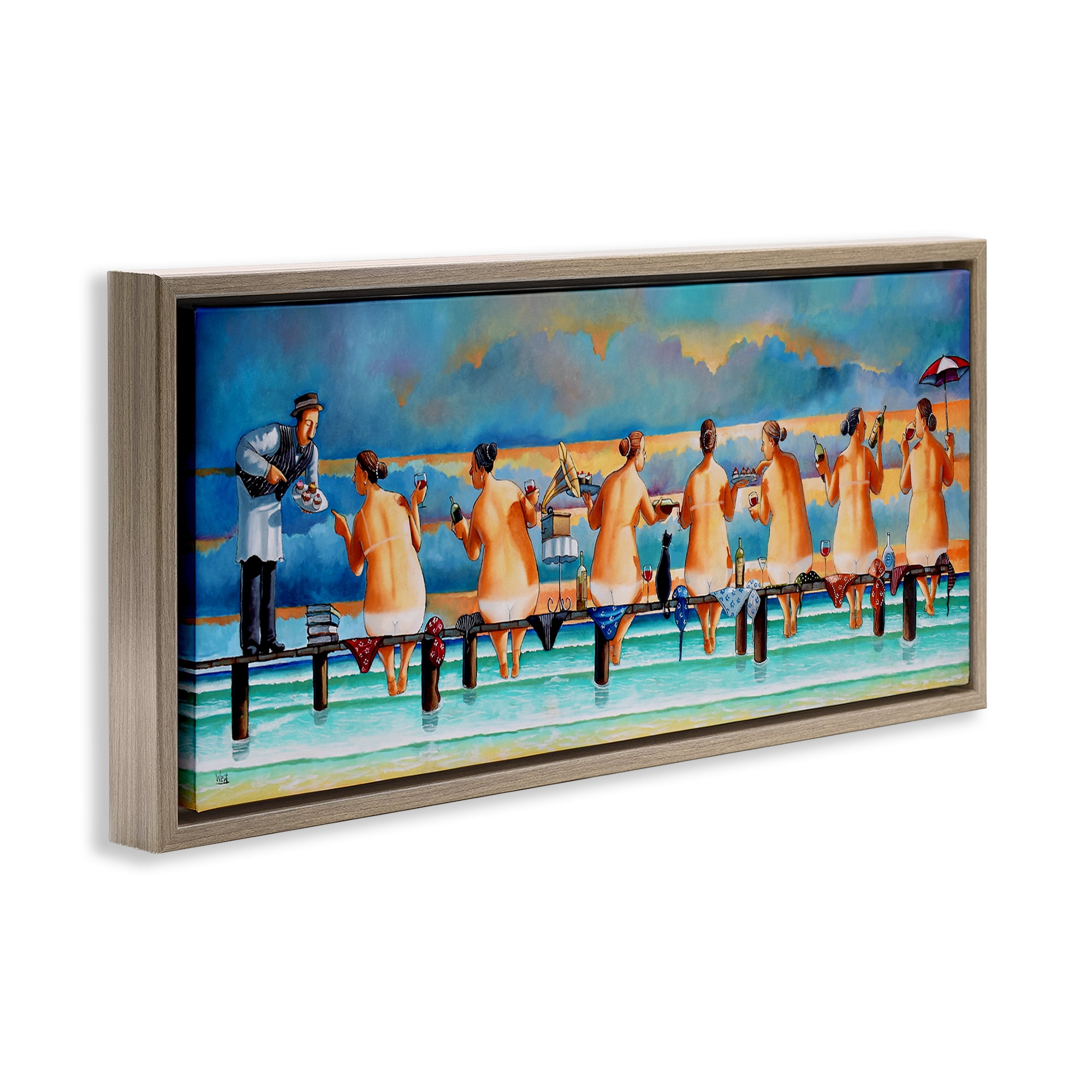 Stupell Industries Ladies Enjoying Beach Novelty Painting Brown Floater Framed Canvas Art Print Wall Art, 31 x 14