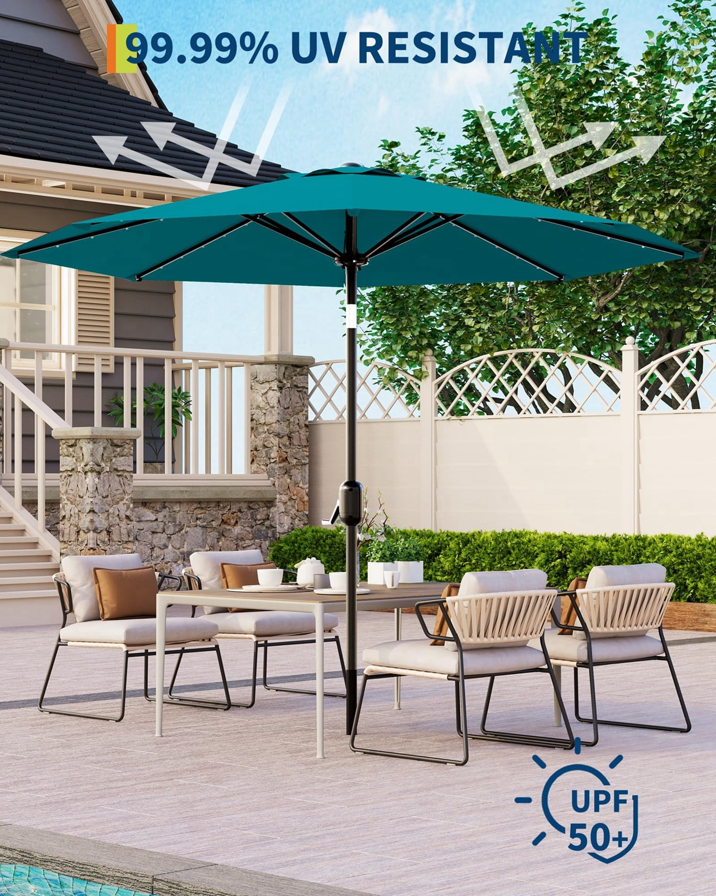 Arigeas 9ft Solar Patio Umbrella with LED Lights, Outdoor Market Table Umbrella with Push Button Tilt, 8-rib Frame and Crank