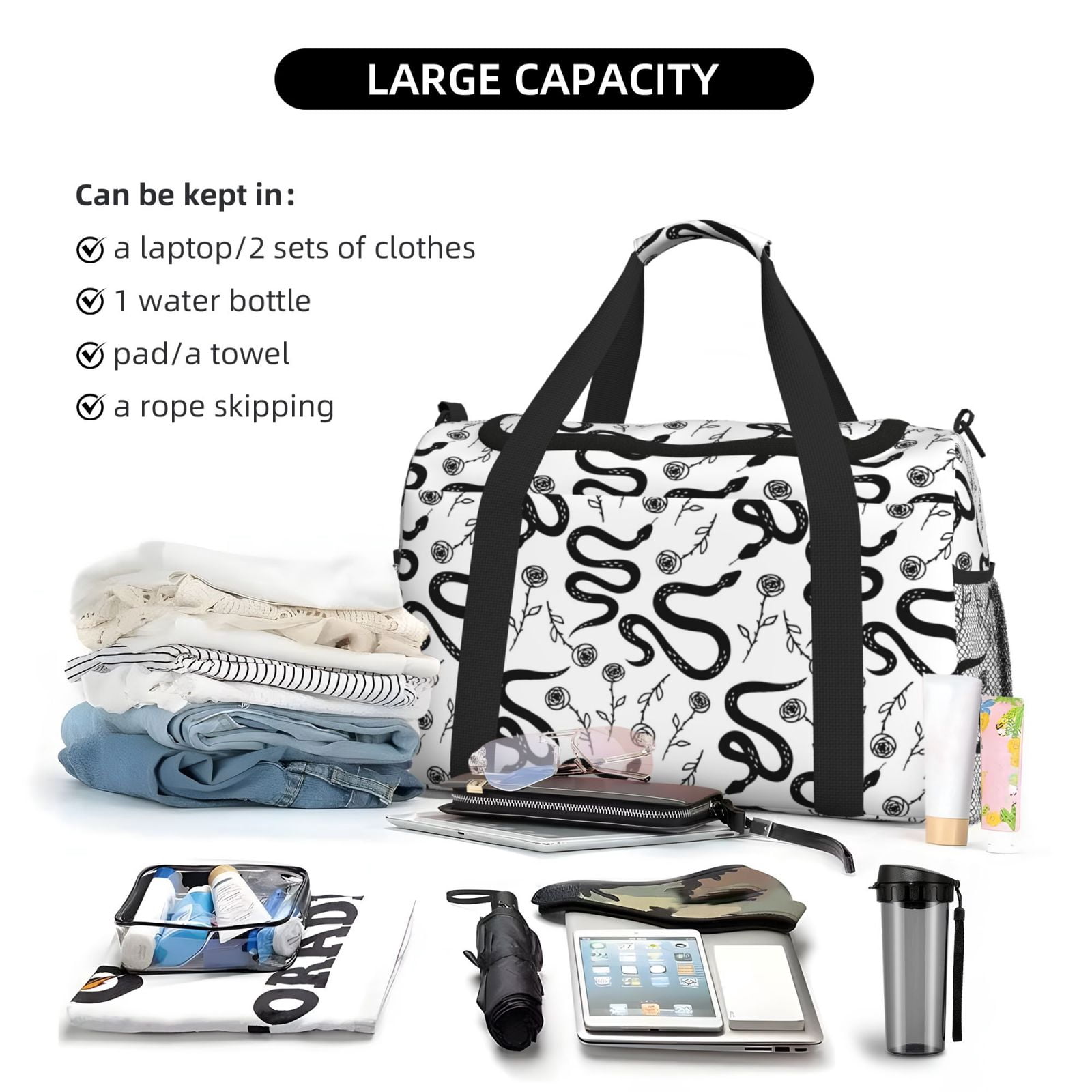 Fuzoiu Hand Drawn Snake Print Travel Duffle Bag,Carry On Tote Bags,Duffel Bag,Sport Gym Bag, Hospital Bag for Labor and Delivery, Overnight Bag,Luggage Bag