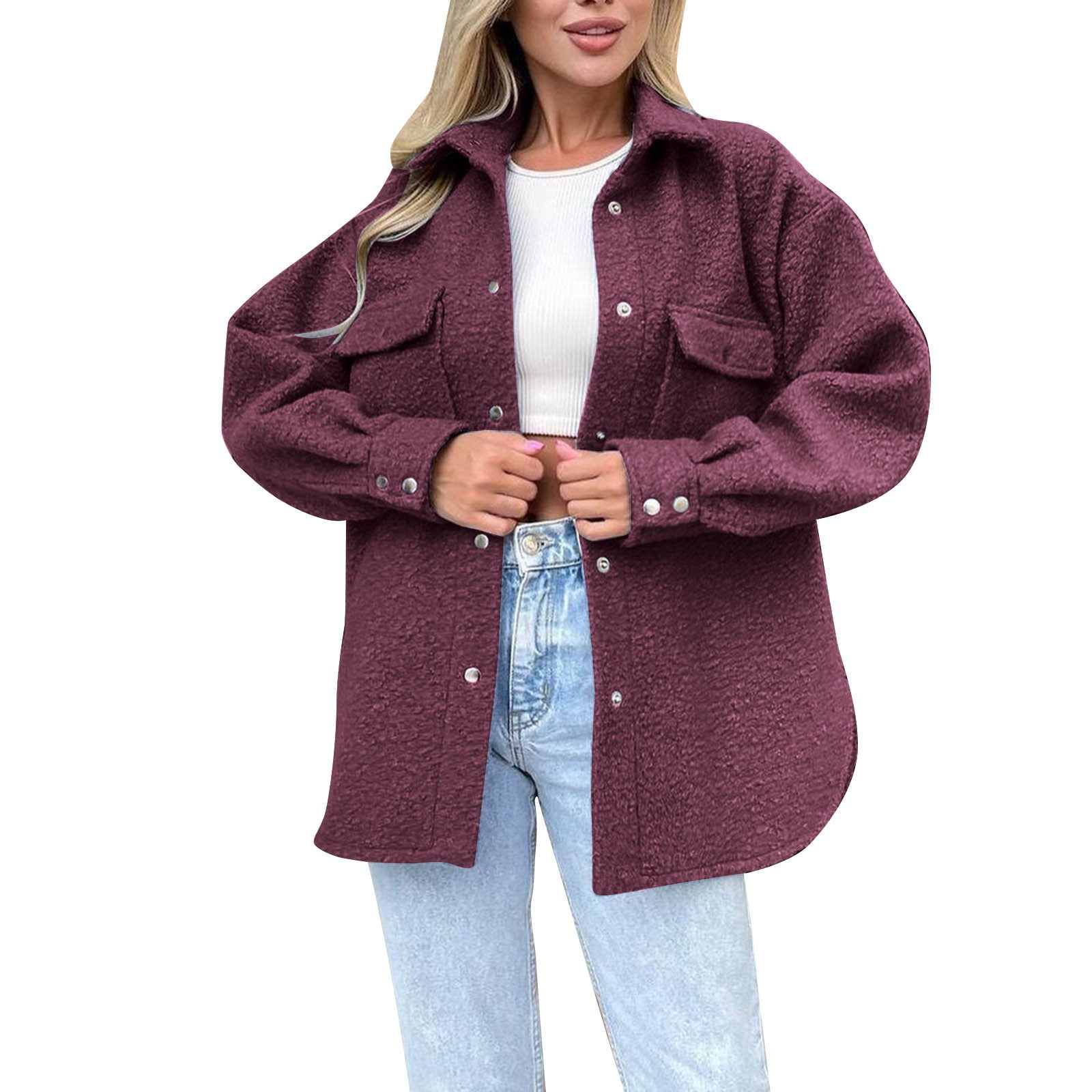 WEIYLL Womens Fleece Jackets Shirt Oversized Button Down Long Shacket Pockets Wine Fall Clothes Size S