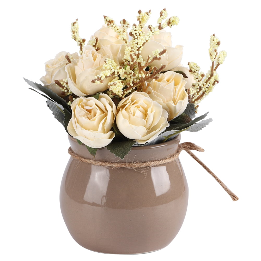 OTVIAP Desktop Decoration,Artificial Flowers Decoration,Ceramic Vase Artificial Silk Rose Flower Potted Home Desktop Decoration Ornament White