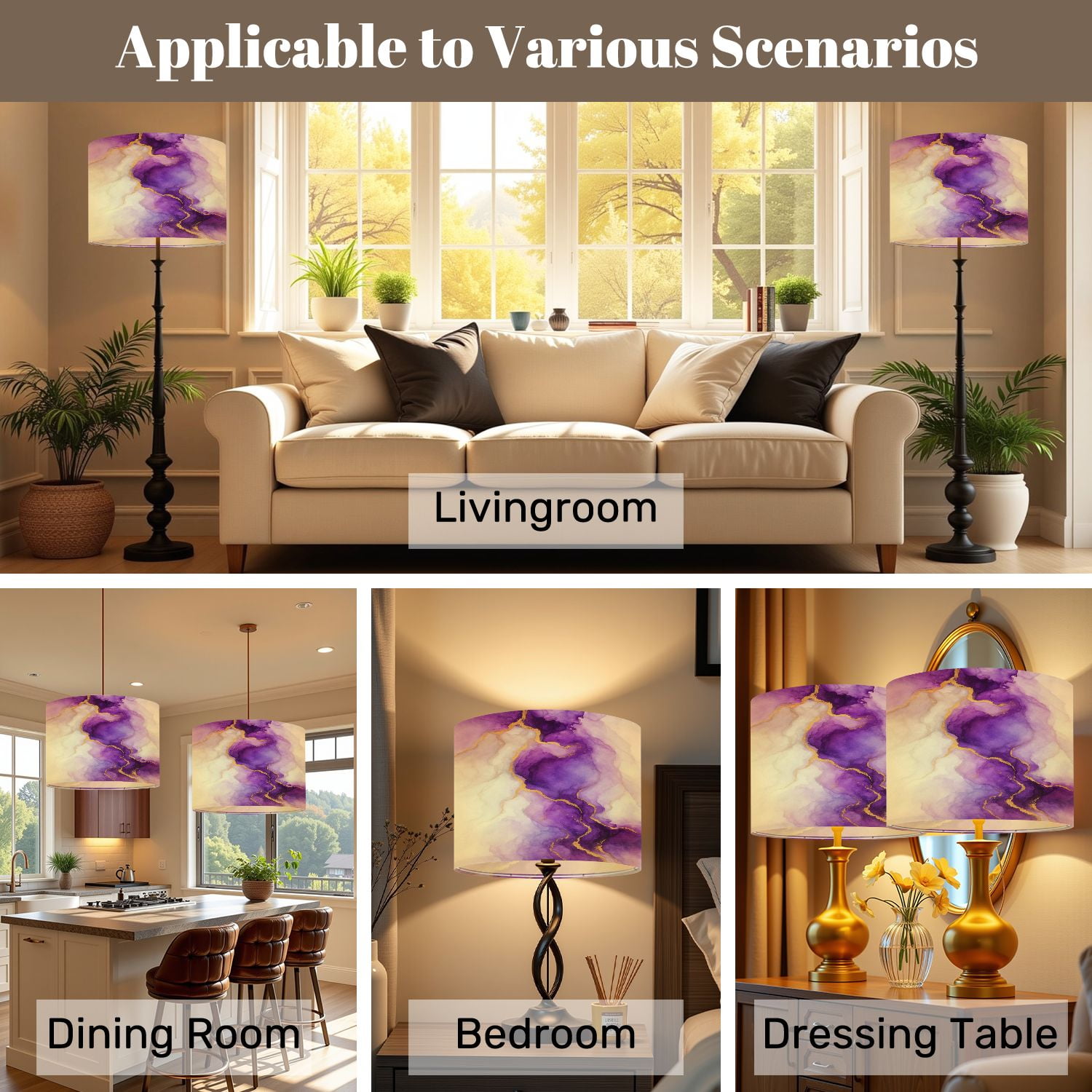 Lampshades 2 Pack Purple gold abstract marble liquid ink art painting paper 13"x13"x10" Light Shade for Table Lamps Floor Lamps Drum Lamp Shades Lampshade Replacement Easy Assembly