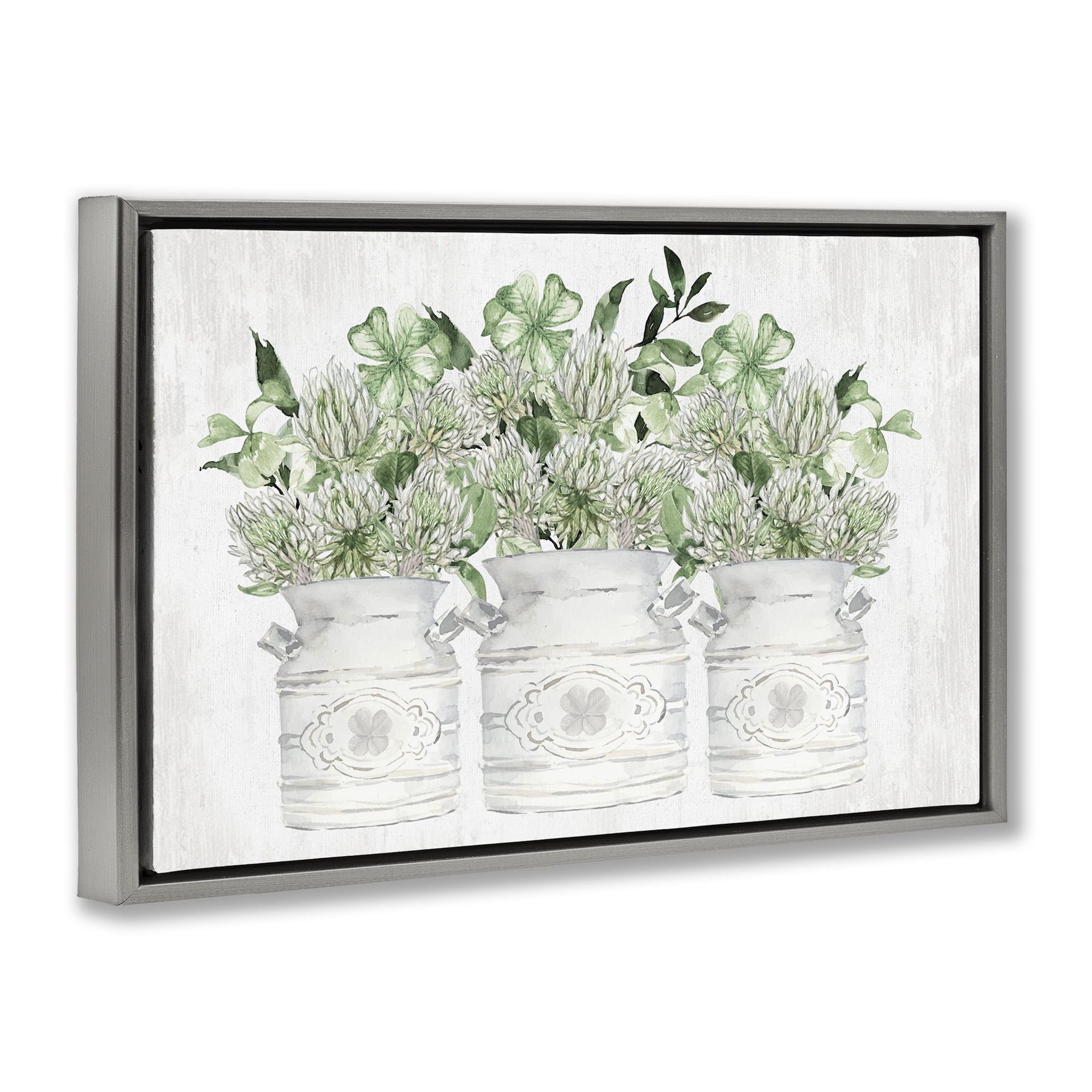 Stupell Industries Spring Potted Clovers Botanical & Floral Painting Gray Floater Framed Canvas Art Print Wall Art, 25 x 17