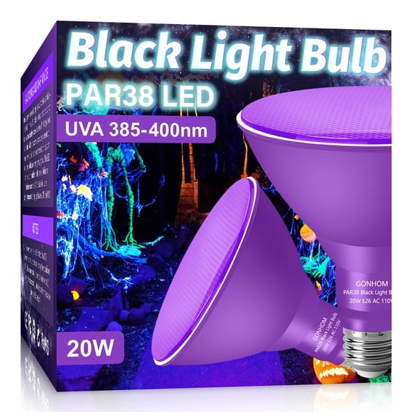 Gonhom 2 Pack PAR38 LED Black Light Bulbs, 20W Replace to 200W Blacklight Bulb, E26 Base 110V,UVA Level 385-400nm, Glow in The Dark for Bla