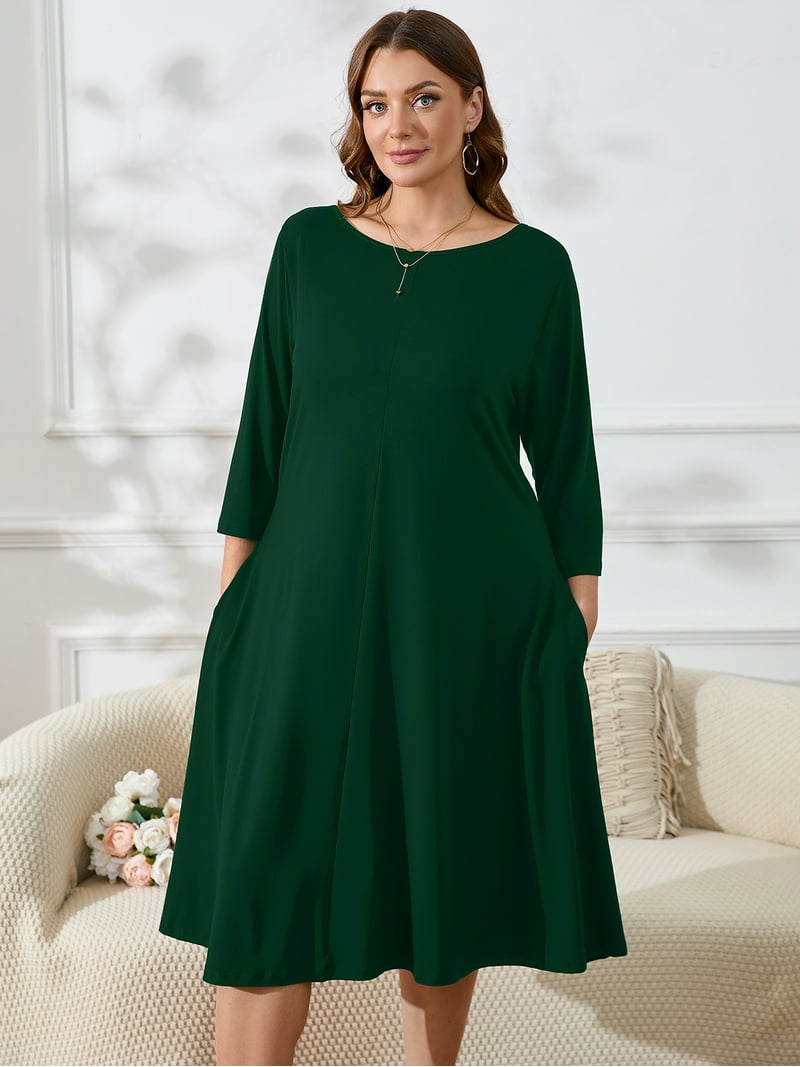 Showmall Women's Plus A-Line Swing Dress Dark Green 4X Casual Dress 3/4 Sleeves Midi Dress Boat Neck Flowy Dress with Pockets