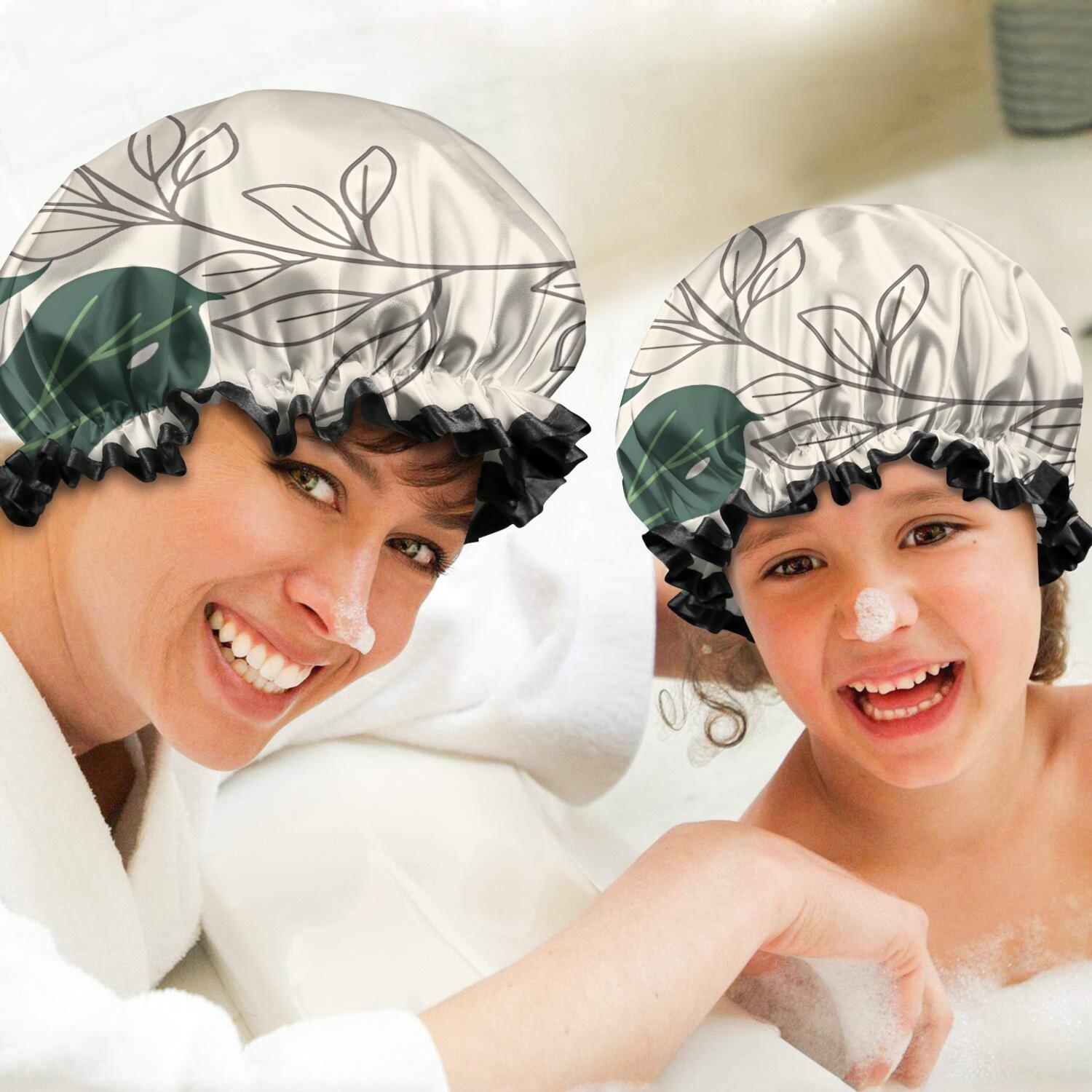 Shower Caps,Orange Boho Plant Pattern Waterproof Shower Cap for Women 4 Pieces,Double Reusable Hair Cover for Shower PEVA Elastic Stretch Hem