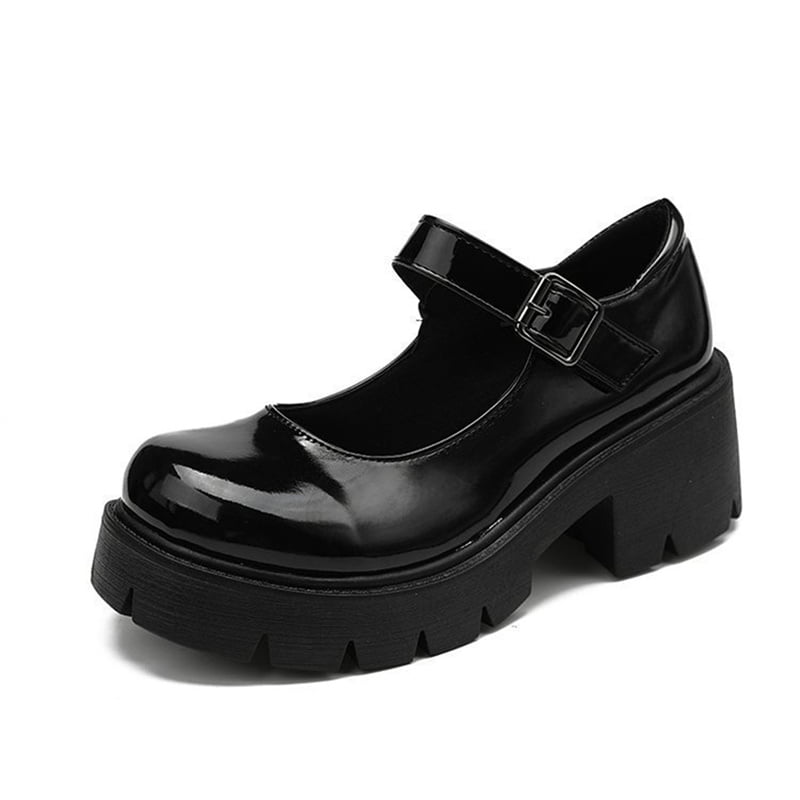 Women Round Toe Sweat Platform Girl Lolita Mary Jane Buckle Shoes Mid Heel Flats