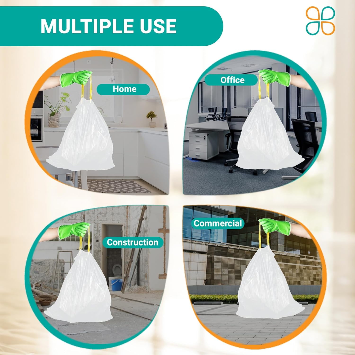 PlasticMill 4 Gallon, White, Drawstring, 0.7 MIL, 17x16, 100 Bags/Case, Garbage Bags / Trash Can Liners.