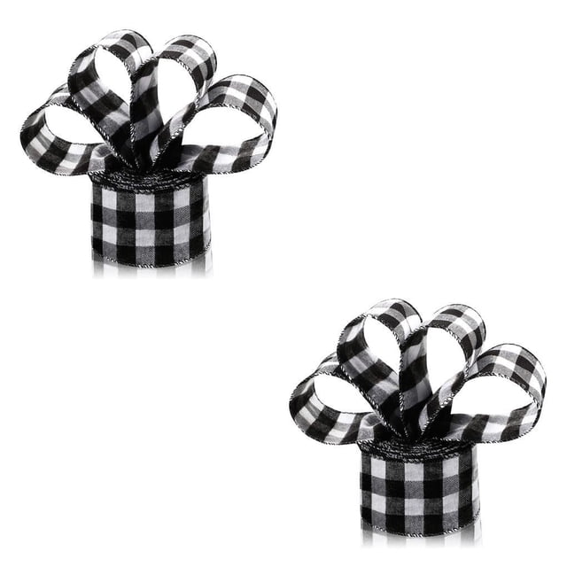 Yuarrent Cinta con cable de Navidad, adornos de decoración a cuadros de arpillera a cuadros DIY para manualidades, envoltorio de árbol, negro, Blanco negro 15m 2Conjunto