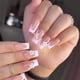 thumbnail image 1 of 24 uñas postizas largas cuadradas de color rosa con puntas francesas y flores de diamantes de imitación, set de acrílico con forma de ataúd., 1 of 5