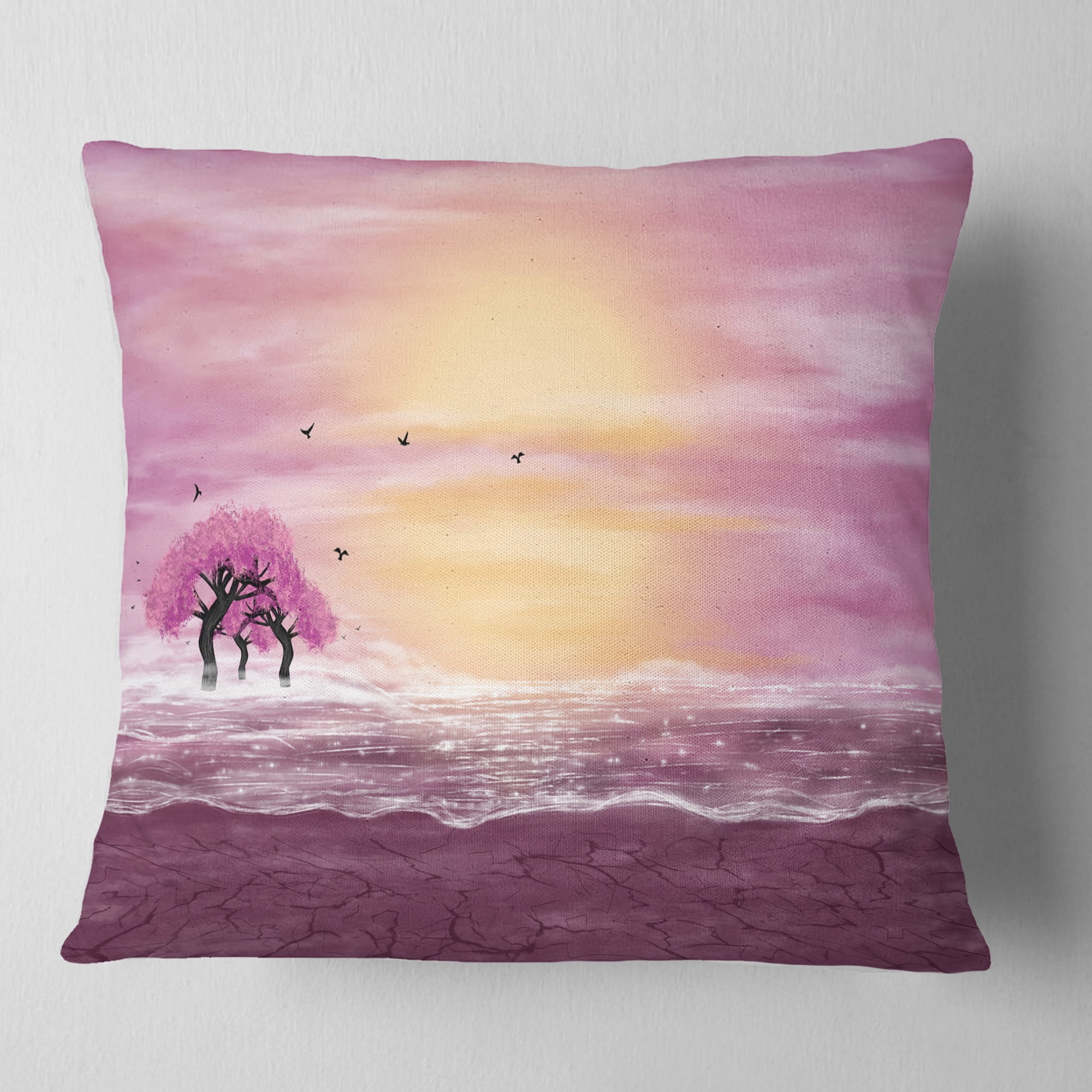Designart Water and Pink Trees in Desert - Landscape Printed Throw Pillow - 18x18