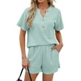 thumbnail image 3 of Nlife Women V Neck Button-Up Waffle Short Sleeve Shorts Knit Sets, 3 of 7