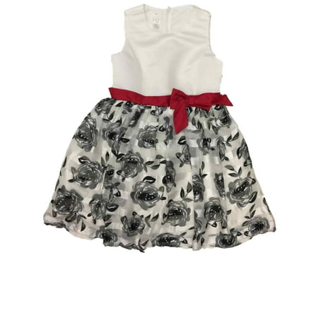 Girls White Black Floral Tulle Red Satin Bow Formal Party Flower Girl Dress