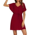 thumbnail image 2 of Rigardu swimsuit coverup for womenswim cover up for women Summer Women's Short Sleeved Beach Outfit Loose V Neck Bikini Waist Tied Dress Beach Swimsuit Cover Up Red + L, 2 of 4