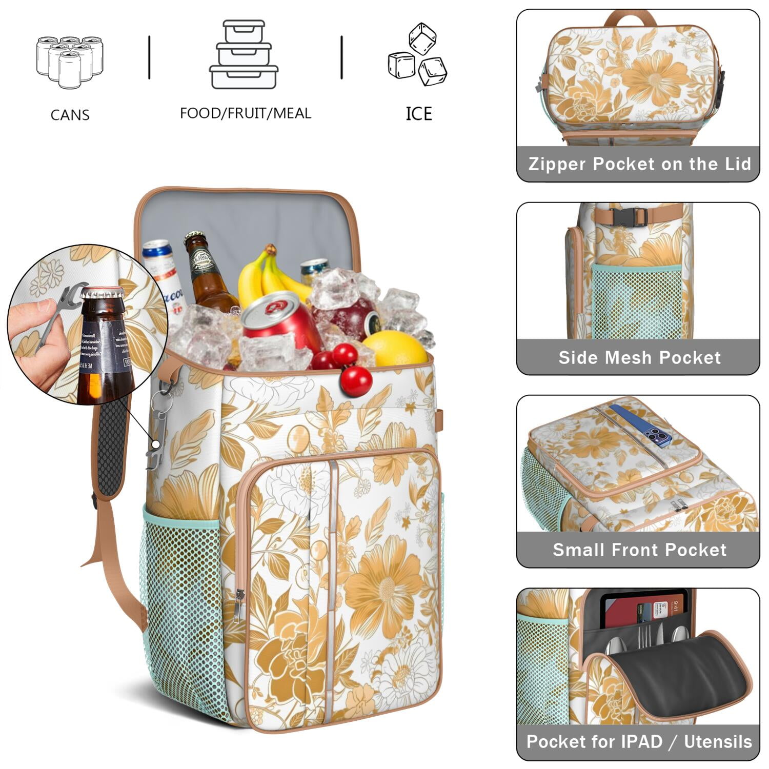 Travel Cooler Bag - Pioneer Flower Floral Print Pattern Camping Beer Cooler Backpack with Bottle Opener- Waterproof Insulated Picnic Backpacks - Cooler Bag for Beach