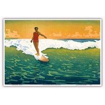 Duke Kahanamoku Surfing - Honolulu Hawaii - Vintage Colored Woodblock Print by Charles W. Bartlett c.1918 - Master Art Print (Unframed) 13in x 19in