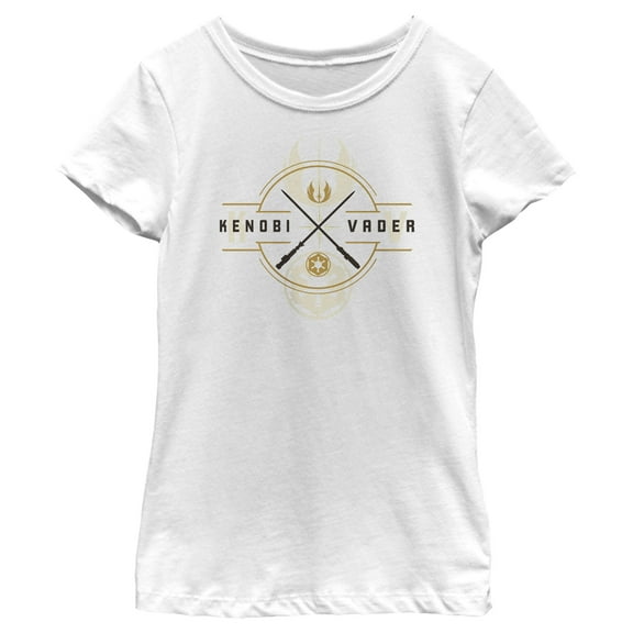 Girl's Star Wars: Obi-Wan Kenobi Vader and Kenobi Lightsaber Crest Graphic Tee White X Large